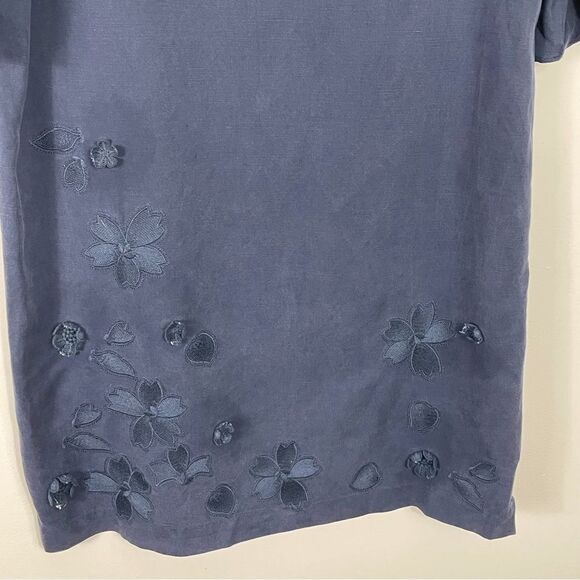 Margaret O’Leary Linen Blend Navy Embroidered 3-D Applique Floral Dress Large - Picture 6 of 9